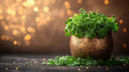 A vibrant clover plant sits in a rustic pot, surrounded by scattered leaves. The soft golden lights in the background create a warm and inviting atmosphere, enhancing the greenery.の素材