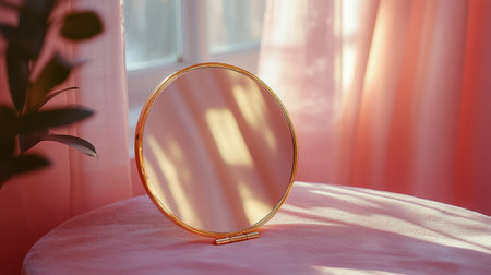 A gold compact mirror lies open on a soft, furry surface, reflecting gentle natural light, adding a touch of elegance to the cozy setting.の素材