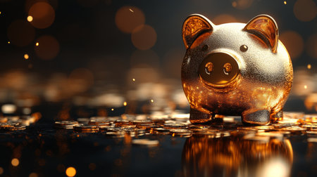 A shiny golden piggy bank stands on a surface scattered with coins. Soft lighting enhances the reflections, creating a warm, inviting atmosphere.の素材