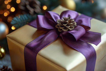 A beautifully wrapped gold gift box adorned with a rich purple ribbon rests on a sleek gray surface, inviting curiosity and excitement for the occasion.の素材
