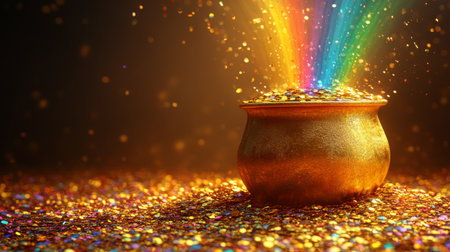 A decorative pot releases a spectacular burst of colorful glitter in various shades. The vibrant display creates an enchanting atmosphere in a bright indoor setting.の素材