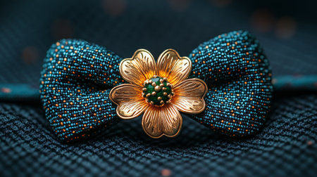 A vibrant teal bow with a gold, intricately designed centerpiece rests against a backdrop of rich floral textures. The combination creates a striking visual appeal.の素材