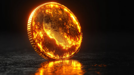 A bright gold coin stands upright on a dark, glossy surface, catching and reflecting warm light, creating a striking visual effect reminiscent of treasure or wealth.の素材