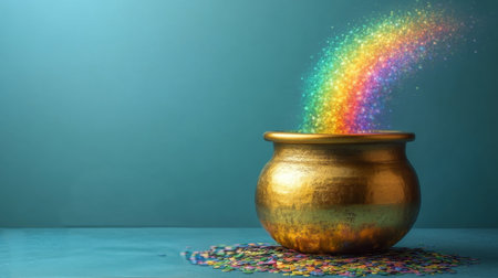 A decorative pot releases a spectacular burst of colorful glitter in various shades. The vibrant display creates an enchanting atmosphere in a bright indoor setting.の素材