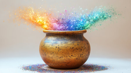 A decorative pot releases a spectacular burst of colorful glitter in various shades. The vibrant display creates an enchanting atmosphere in a bright indoor setting.の素材