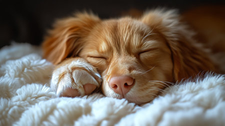 A golden retriever puppy enjoys a deep sleep, nestled comfortably in a soft, warm blanket, creating a serene and cozy atmosphere indoors.の素材