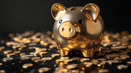 A shiny golden piggy bank stands on a surface scattered with coins. Soft lighting enhances the reflections, creating a warm, inviting atmosphere.の素材