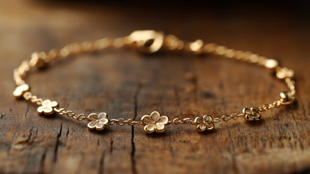 A beautiful gold bracelet featuring intricate floral patterns lies on an aged wooden surface. The soft natural light highlights its elegant design, showing its craftsmanship.の素材