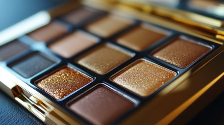 A beautifully arranged eyeshadow palette features an array of shimmering blue, silver, and gold shades. Each color is designed to enhance makeup looks, ideal for various occasions.の素材