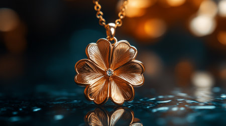 A beautifully crafted gold flower pendant hangs delicately, showcasing intricate designs and a central stone, illuminated against a shimmering background.の素材