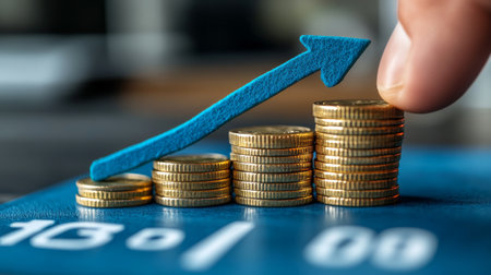 Coins stacked in ascending order alongside a green arrow symbolize financial growth in an outdoor environment surrounded by fresh plants.の素材