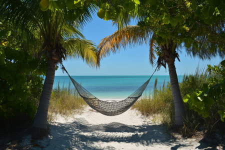 A hammock is strung between two palm trees on a sandy beach. The clear blue water stretches into the horizon under a bright sunny sky, inviting relaxation and tranquility.の素材