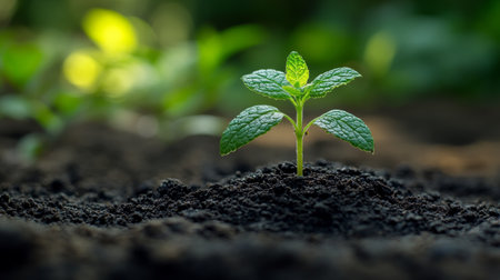 A tiny green seedling rises from rich, dark soil, illuminated by the warm light of the setting sun. Surrounding plants create a serene atmosphere in the garden.の素材