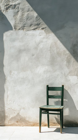 A simple green chair stands alone in front of a smooth gray wall. The light creates a soft shadow, enhancing the minimalist atmosphere of the indoor area.の素材