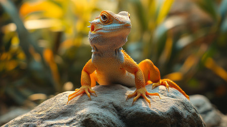 A bearded dragon rests on a rock, soaking up sunlight in a lush setting. Its vibrant colors contrast beautifully with the vibrant greenery around it.の素材