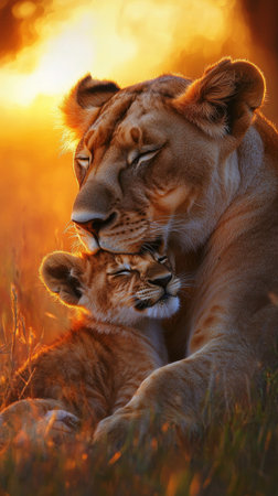 A lioness and her cub cuddle together under a vibrant sunset, surrounded by golden grasses of the savanna, creating a warm atmosphere of love and safety.の素材