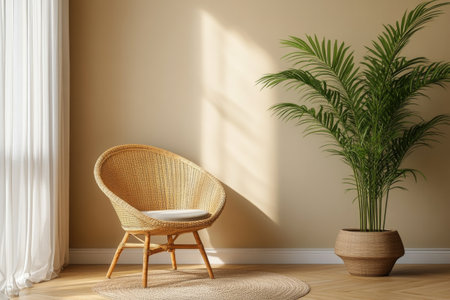 A cozy orange chair is positioned next to a lush green plant in a warmly lit room, where natural light creates gentle shadows on the wall.の素材
