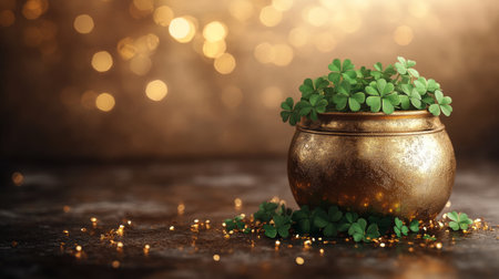 A vibrant clover plant sits in a rustic pot, surrounded by scattered leaves. The soft golden lights in the background create a warm and inviting atmosphere, enhancing the greenery.の素材