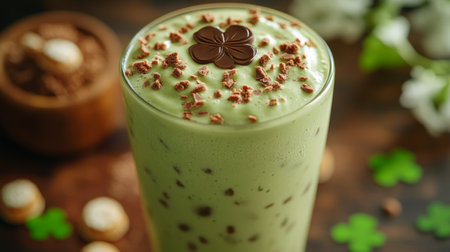 A vibrant green herbal drink sits in a clear glass, adorned with chocolate and crunchy toppings, creating a delightfully treat perfect for a relaxing afternoon at a cafe.の素材