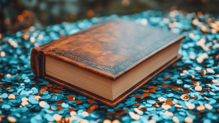 A beautiful leather journal lies open on a stylish surface scattered with shimmering gold sequins, creating an inviting atmosphere for writing or journaling.の素材