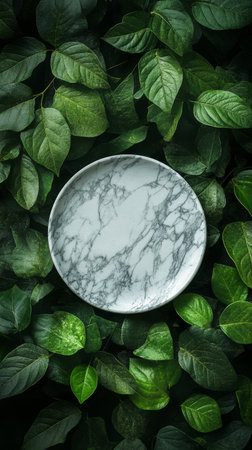 A round marble plate rests among lush green leaves, creating a serene and natural ambiance. The contrast between the stone and foliage highlights the beauty of nature.の素材
