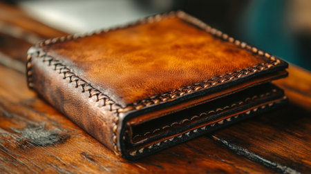 A leather wallet with a brown and blue design is placed on a polished wooden table in a bright cafe. Soft lighting enhances the inviting atmosphere as customers enjoy their drinks.の素材