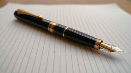 A sleek fountain pen sits on white paper, surrounded by vibrant blue ink strokes. The pen features a luxurious design, showing a precise nib used for writing or drawing.の素材