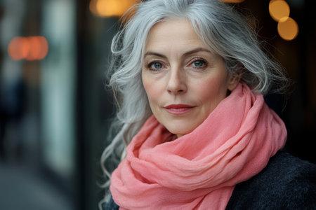 A woman with long gray hair wears a soft pink scarf while walking through a city street. The warm light of sunset creates a cozy atmosphere around her.の素材