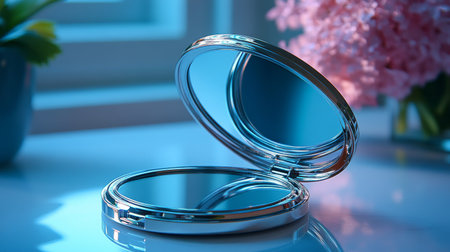 A beautiful handheld mirror sits open on a table, reflecting the gentle light from a nearby window and surrounded by delicate pink flowers, creating a serene ambiance.の素材