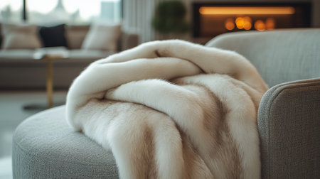 A fluffy white blanket drapes elegantly over a plush modern chair in a bright, minimalist room with large windows letting in natural light.の素材