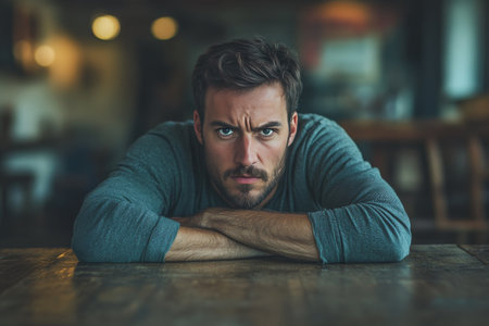 A man sits confidently at a rustic wooden table, arms crossed, in a warm and inviting indoor space, suggesting a moment of contemplation or conversation.の素材