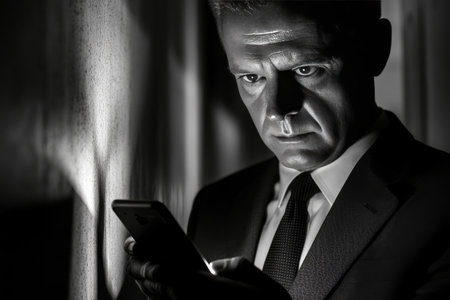 A man in a tailored suit checks his mobile phone in a dimly lit room with bookshelves and a lamp, focused on his device during evening hours.の素材