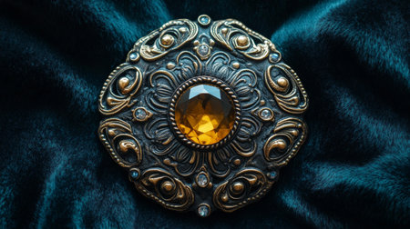 An ornate antique brooch with a floral motif is prominently displayed against rich, dark fabric adorned with gold patterns, highlighting vintage craftsmanship and elegance.の素材