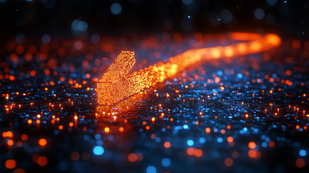 An arrow made of glowing orange particles points upwards on a dark surface. The background is filled with twinkling lights, creating a vibrant, dynamic atmosphere.の素材