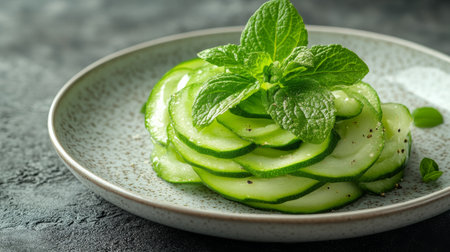 Slices of fresh cucumber are arranged neatly on a textured plate, topped with mint leaves for added flavor and freshness in a culinary presentation.の素材