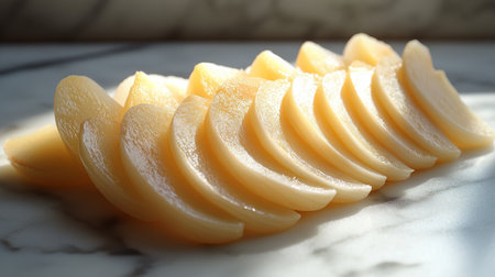 Several freshly peeled garlic cloves are arranged on a smooth marble surface, showing their glossy texture and pale color, ideal for culinary use.の素材