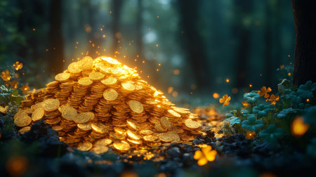Stacks of shiny golden coins rest on lush greenery, with delicate clovers surrounding them. Soft sunlight filters through the trees, creating a warm atmosphere in the evening.の素材