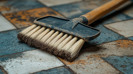 A cleaning tool with a wooden handle is positioned on a textured tiled surface showing signs of dirt and residue. The setting indicates a home maintenance activity focused on cleaning.の素材