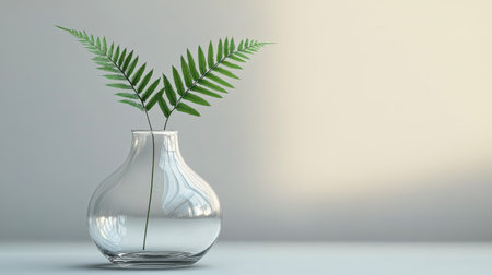 A single fern leaf stands gracefully in a clear glass vase filled with water, resting on a minimalist tabletop beside two simple white ceramic vases, illuminated by soft sunlight.の素材