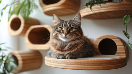 An orange cat sleeps peacefully on a unique wave-shaped wooden cat bed in a well-lit indoor space, showcasing a calm and serene atmosphere.の素材