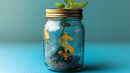 A mason jar features a gold dollar sign and soil, with a small green plant emerging from the top, representing the potential for savings and investment growth over time.の素材