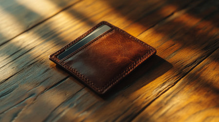 A brown leather card holder sits upright on a textured table, reflecting warm sunlight in a cozy indoor space. Soft shadows add depth to the atmosphere.の素材