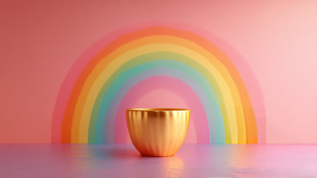 A vibrant rainbow spans the sky above an orange bowl set against a backdrop of blooming flowers and floating hearts, creating a cheerful atmosphere.の素材