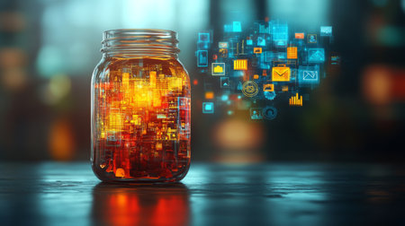 A glass jar emits a warm glow amidst a backdrop of vibrant abstract digital patterns and lights. The setting conveys a futuristic atmosphere, emphasizing technology and creativity.の素材