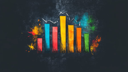 Colorful bars in blue, orange, and red ascend and descend in a creative growth chart against a textured blackboard background, illustrating market trends and data analysis effectively.の素材