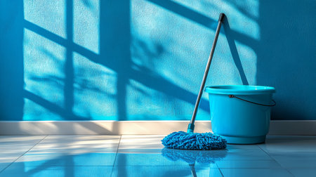 A sunny room features a blue bucket resting on a blue floor beside a window. The yellow wall creates a vibrant atmosphere with soft shadows from sunlight.の素材