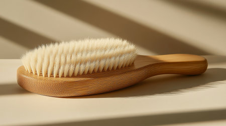 A wooden brush with soft bristles lies on a soft, neutral surface, showing its natural design and craftsmanship perfect for personal grooming and care routines.の素材
