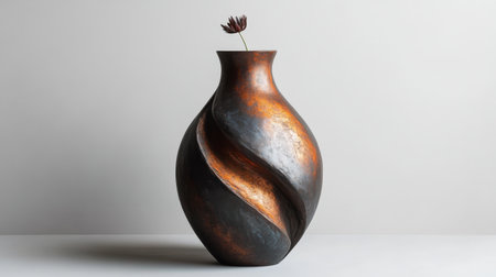 A unique metallic vase featuring a curved design showcases vibrant flowers and delicate greenery, enhancing a contemporary home decor atmosphere.の素材