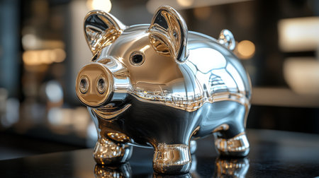 A shiny metallic pig sculpture is elegantly displayed in a sleek kitchen. The design features smooth curves, blending artistry with modern aesthetics in a sophisticated interior.の素材