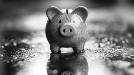 A ceramic piggy bank sits on a polished floor in a contemporary room filled with natural light.の素材